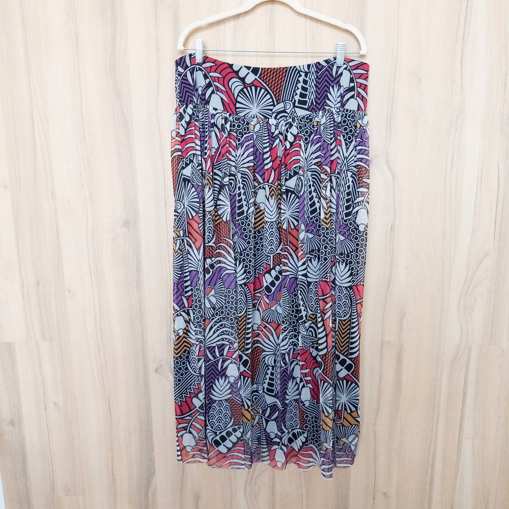 Farm Rio‎ Anthropologie Maxi Skirt Size XL Tropical Geometric Mesh Resort Boho